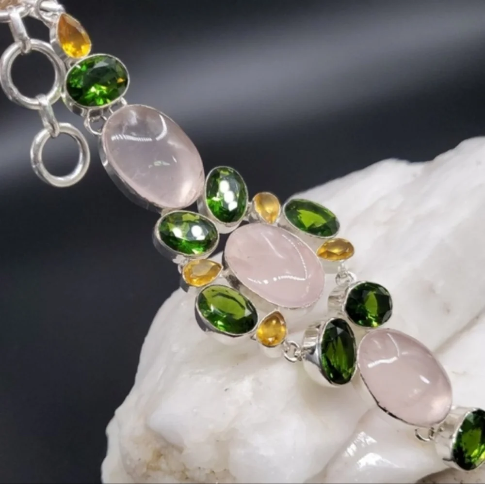 Genuine Rose Quartz Peridot Lemon Quartz Rhodium/925 Silver Bracelet
